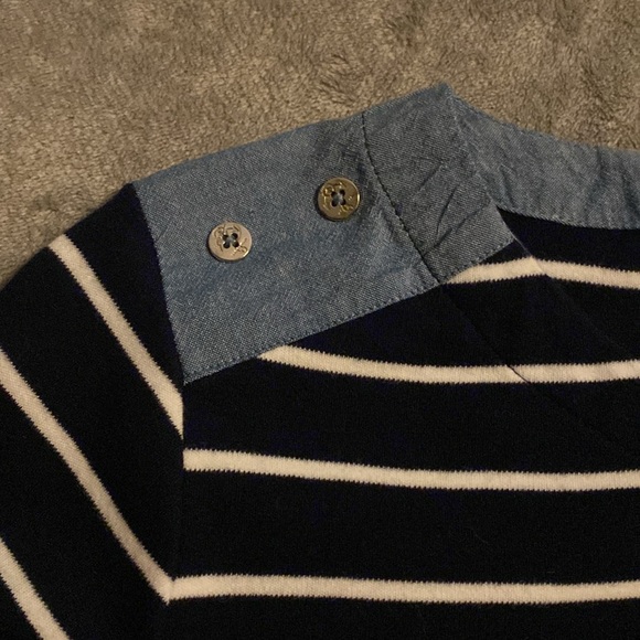 Kim Rogers Nautical Navy Striped Over Denim Layered-Look 3/4 Sleeve Anchor Top - Picture 5 of 16